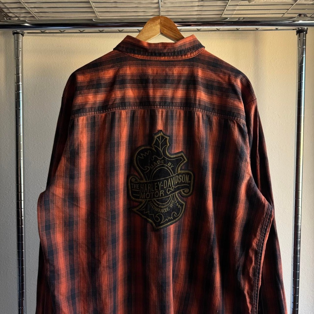 Harley Davidson Plaid Flannel Button Up Orange Black 2XL Biker